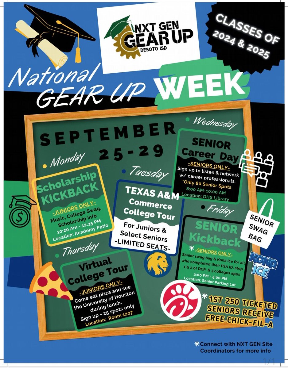 National GEAR UP Week is here! Juniors and seniors, be sure to come be a part of the events this week! #GUWorks  #GUWeek <a href="/edpartnerships/">NCCEP</a> <a href="/desotoisdeagles/">DeSoto ISD</a> <a href="/DeSotoISDCTE/">DeSoto ISD Career & Technical Education/CCMR</a> <a href="/DeSotoISDAdvAca/">DeSoto ISD Advanced Academics</a> <a href="/CounselorsDeisd/">DeSoto ISD Counseling Department</a> <a href="/SSS_DeSotoISD/">DeSotoISD Student Support Services</a> <a href="/CollegeDrivenGU/">CollegeDrivenGU</a> @DeSotoEaglesGBB <a href="/FootballDesoto/">DeSoto Football</a> <a href="/DeSotoECHS/">DeSoto ECHS</a>