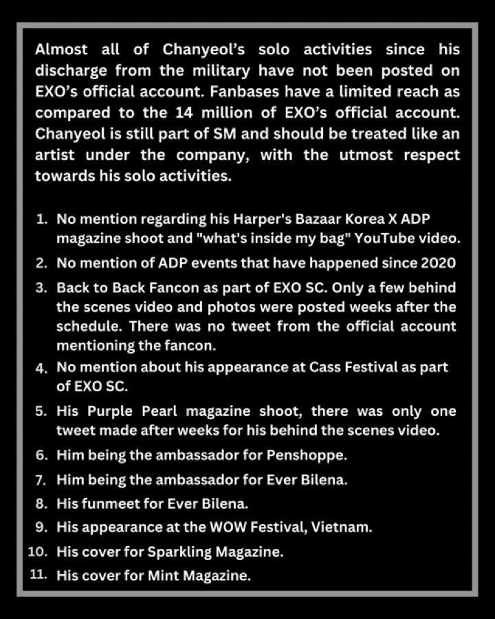 pcywwunion's tweet photo. None of #CHANYEOL’s solo activities in 2023 have been posted on @weareoneEXO’s account. Is he not your artist anymore @SMTOWNGLOBAL? Why is his hardwork being treated unfairly? 

SM TREAT CHANYEOL BETTER

#SMTreatChanyeolBetter
#ChanyeolDeservesBetter
#SM_찬열에게_차별대우_그만 https://t.co/8JpBUlYLIT