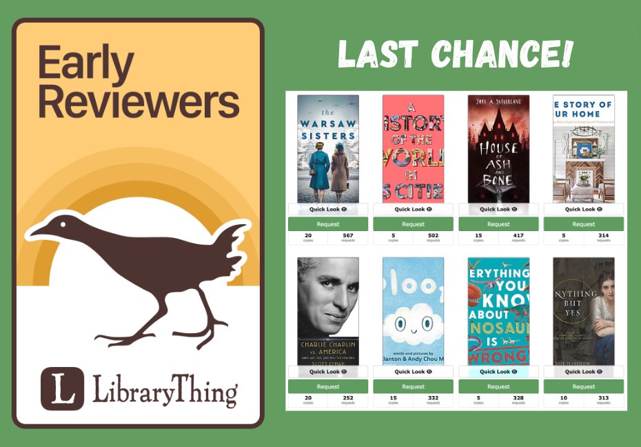 LibraryThing's tweet photo. Last chance! You have just a few hours left to sign up to win books in the September batch of Early Reviewers. Enter by 6pm EDT today! #LibraryThingEarlyReviewers https://t.co/DP5DO5ptKA https://t.co/XZy47q9Dtn