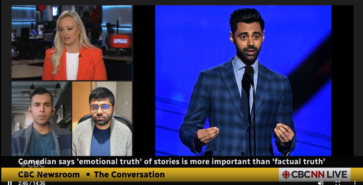NeilDesaiCyber's tweet photo. Great to be back on @CBCNews The Conversation with @zainvelji/@natalie_kalata to talk about revelations that Hasan Minhaj embellished his experiences of racism in his act + the implications.  I'm a fan but I hope he'll reflect/change course on his response
https://t.co/z5bYscIVgD https://t.co/rosiHOFHQp