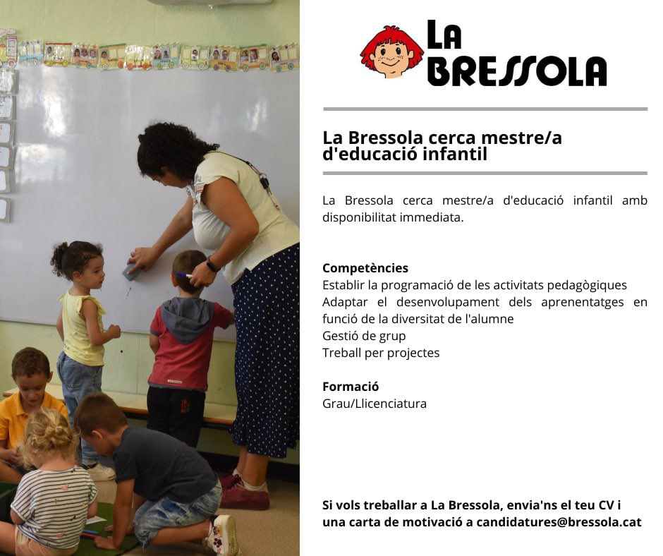 LaBressola's tweet photo. 📢 Oferta de feina: La Bressola cerca mestre/a d'educació infantil amb disponibilitat immediata 

👉🏻 Envia'ns el teu CV i una carta de motivació a candidatures@bressola.cat

🤝 Gràcies per fer-ne difusió

#LaBressola
#CatalunyaNord https://t.co/QE8Xx4EgRd
