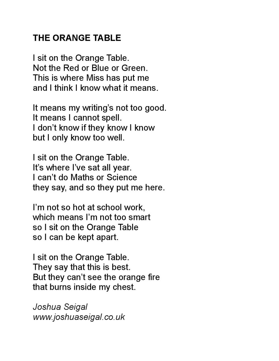 I performed this poem from my new book at a teachers' conference last week. Some food for thought. 'THE ORANGE TABLE' joshuaseigal.co.uk/the-orange-tab… #edutwitter