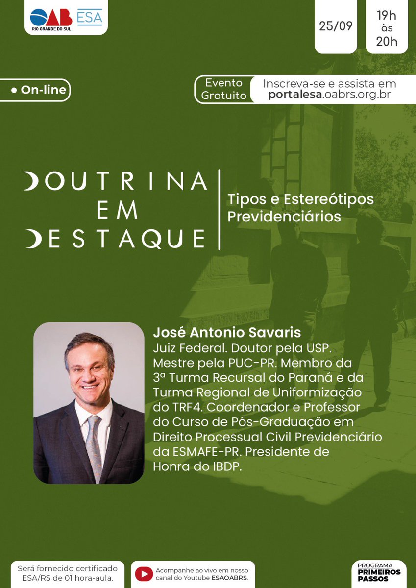 Hoje estarei por meio do zoom na ESA da OABRS, para falar sobre um tema de palpitante atualidade, que toca problemas enfrentados por pessoas vulneráveis e as mais diversas incompreensões e discriminações que suportam, não raramente acarretando exclusão da proteção previdenciária
