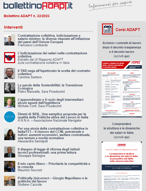 🔴BollettinoADAPT n. 32/2023

#salariominimo #SIISL #Cnel #sostenibilità #transizioneecologica #apprendistato #GiorgioNapolitano #ITS #TARLombardia #contrattazionecollettiva

▶️Leggi qui: mailchi.mp/adapt/bolletti…

✍️Iscriviti alla newsletter: bollettinoadapt.us3.list-manage.com/subscribe?u=47…