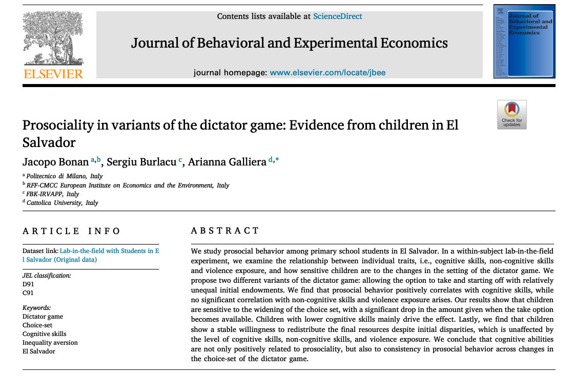 Our paper on #children #prosociality in 🇸🇻 is out and open access! Joint work with @jaco_bonan & Arianna Galliera

Thanks to @puntosud, @SoleterreOnlus, the enumerators, local communities and especially to all the pupils! 

shorturl.at/dlDV6
@FBK_research