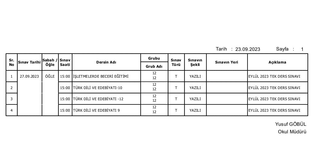 2023-2024 Eğitim-öğretim yılı Tek Ders sorumluluk sınavı tarihlerimiz.