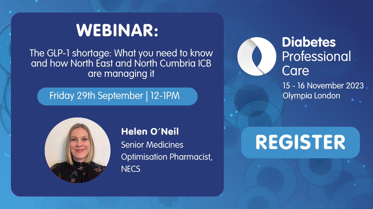 Diabetes Professional Care (@diabetespc) on Twitter photo Don't miss our free #webinar, live on Friday 29 September at 12PM, hosted by <a href="/HelenOneil80/">Helen O'Neil</a>
This webinar will give you an overview of GLP-1 shortage and the national guidelines for medicines optimisation for people living with diabetes.
Register here: bit.ly/48wglDZ Don't miss our free #webinar, live on Friday 29 September at 12PM, hosted by <a href="/HelenOneil80/">Helen O'Neil</a>
This webinar will give you an overview of GLP-1 shortage and the national guidelines for medicines optimisation for people living with diabetes.
Register here: bit.ly/48wglDZ