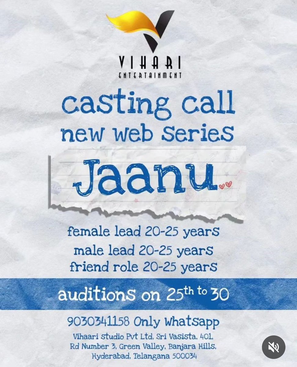 CallingCNC's tweet photo. Casting call for a Telugu Webseries #jaanu 

#castingdirector #castingcall #audition #teluguwebseries #telugucastingcall https://t.co/eeq3Nbigpl