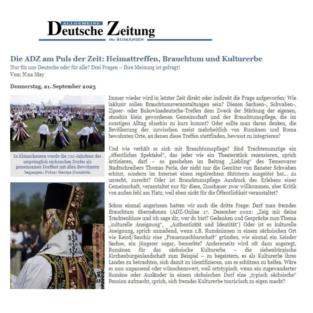 StiftungVerbund's tweet photo. Heimattreffen, Brauchtum und Kulturerbe - Nur für uns Deutsche oder für alle?
Artikel und Umfrage der „Allgemeinen Deutschen Zeitung für Rumänien“ (ADZ)
https://t.co/tZuBYONIys
#StiftungVerbundenheit #adzro #DFDR #FDGR #ADJ #Brauchtum #Kulturbewahrung #Minderheit #Rumaenien https://t.co/W2BqNlvOJz