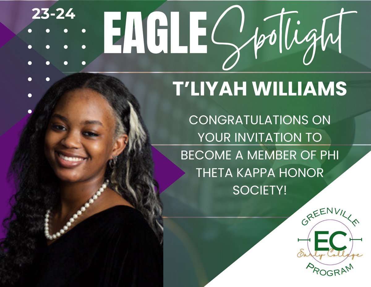GvilleEarlyCol's tweet photo. Starting off our morning with an Eagle Spotlight! Congratulations T'Liyah! https://t.co/cvDRaesQOY