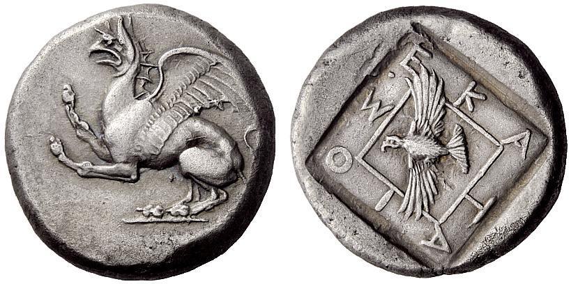 Greek Tetradrachm from Abdera, Thrace, c. 439-410 BC

Obverse: a leaping Gryphon. Reverse: an eagle flying in a square surround by the letters E–KA / TA / IO / S. All within an incuse square.