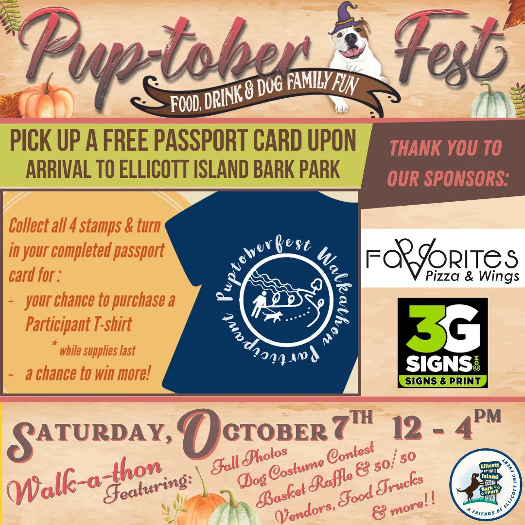 FriendsofElli's tweet photo. Save the date for Puptoberfest! We have a mile worth of howling fun planned? Pick up your passport card, visit all the activities on the island &amp; continue down to the Friendship Center. Food trucks, vendors, fall photos &amp; more! Plus get your pup ready for our costume contest! https://t.co/F68pDifXmq