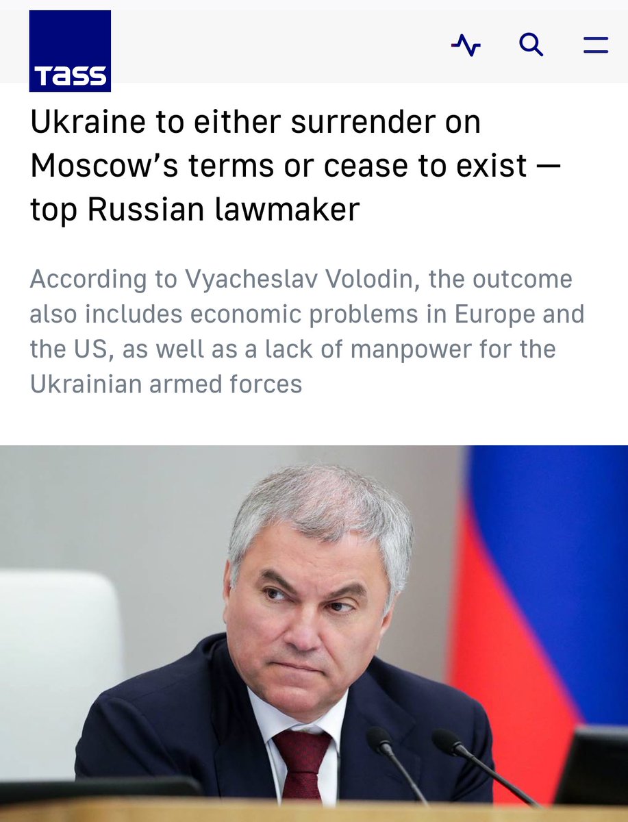 VassiliGolod's tweet photo. Russland macht weiter keinen Hehl aus seinen genozidalen Absichten im Angriffskrieg gegen die Ukraine. Wolodin, Sprecher des 🇷🇺 Parlaments sagt heute: „Kapitulation zu Russlands Bedingungen“ oder die Ukraine werde „aufhören, als Staat zu existieren.“ https://t.co/98XESO3k4C https://t.co/vM52fQkvHp
