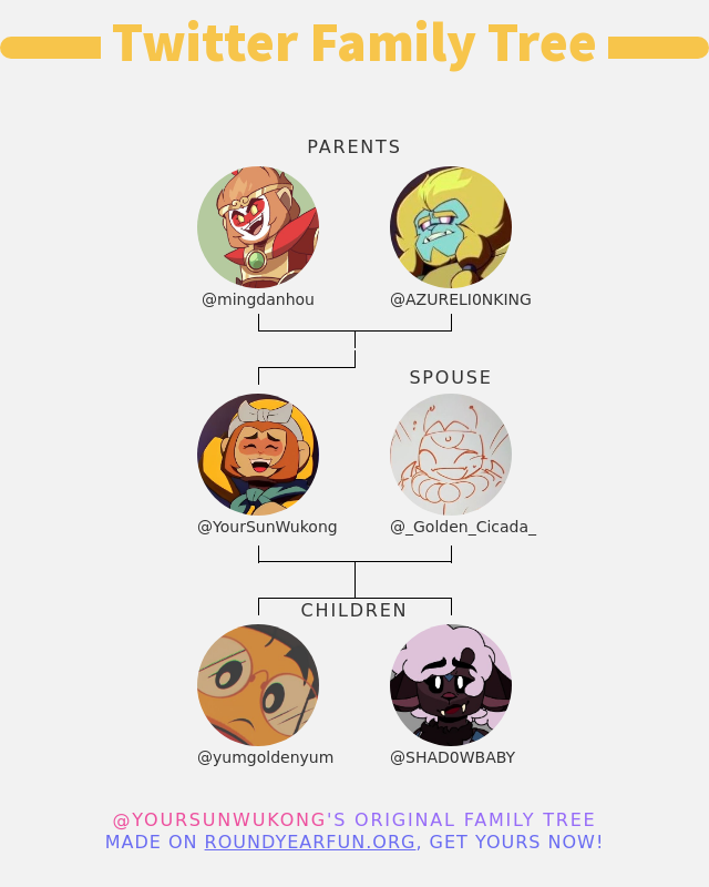 👨‍👩‍👧‍👦 My Twitter Family:
👫 Parents: <a href="/mingdanhou/">❝ 齐天大圣 ❞</a> <a href="/AZURELI0NKING/">青毛獅子 | Azure Lion</a>
👰 Spouse: @_Golden_Cicada_
👶 Children: <a href="/yumgoldenyum/">Mr. Tang 📚</a> <a href="/SHAD0WBABY/">江 映月 || Jiāng Yìngyuè</a>

➡️ funxgames.me/twitterfamily?…