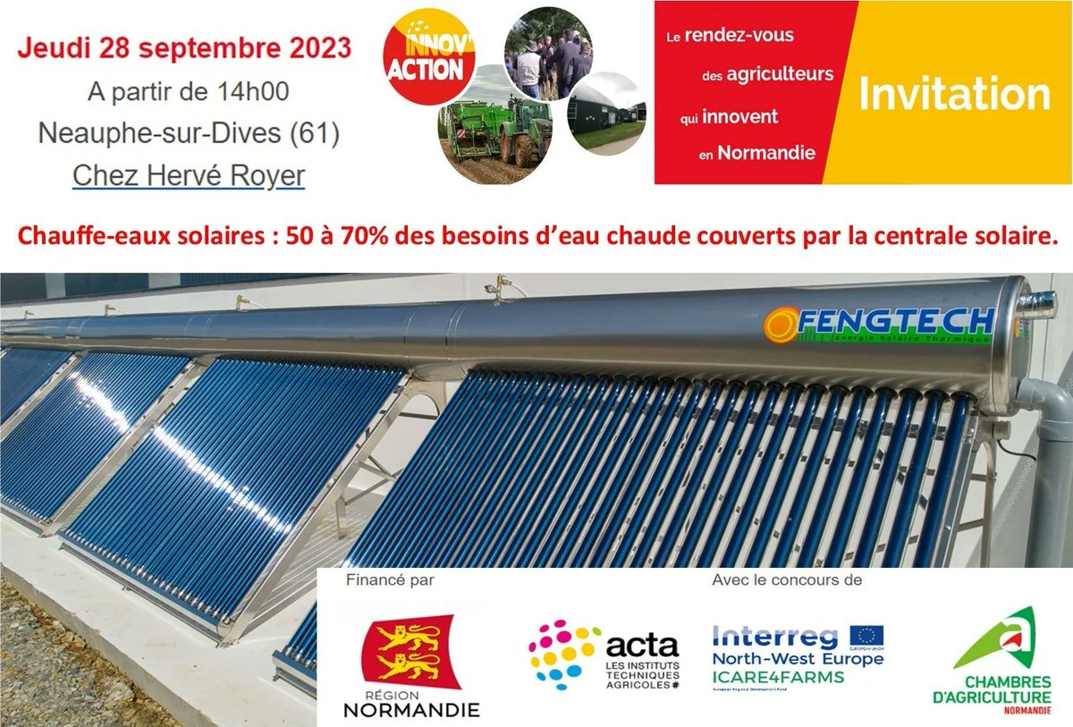 Join us on Thursday 28 September in Normandy to discover a solar thermal energy ⚡ installation, and how it is a sustainable solution for farms with high hot water🚿☀️ needs. 

Read More and registrations  -> buff.ly/3PQDDx2