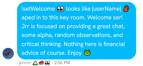 Brown1Chad's tweet photo. New features for the bot
You can now configure your own welcome messages and use !wojak commands https://t.co/UUgWRaHIek