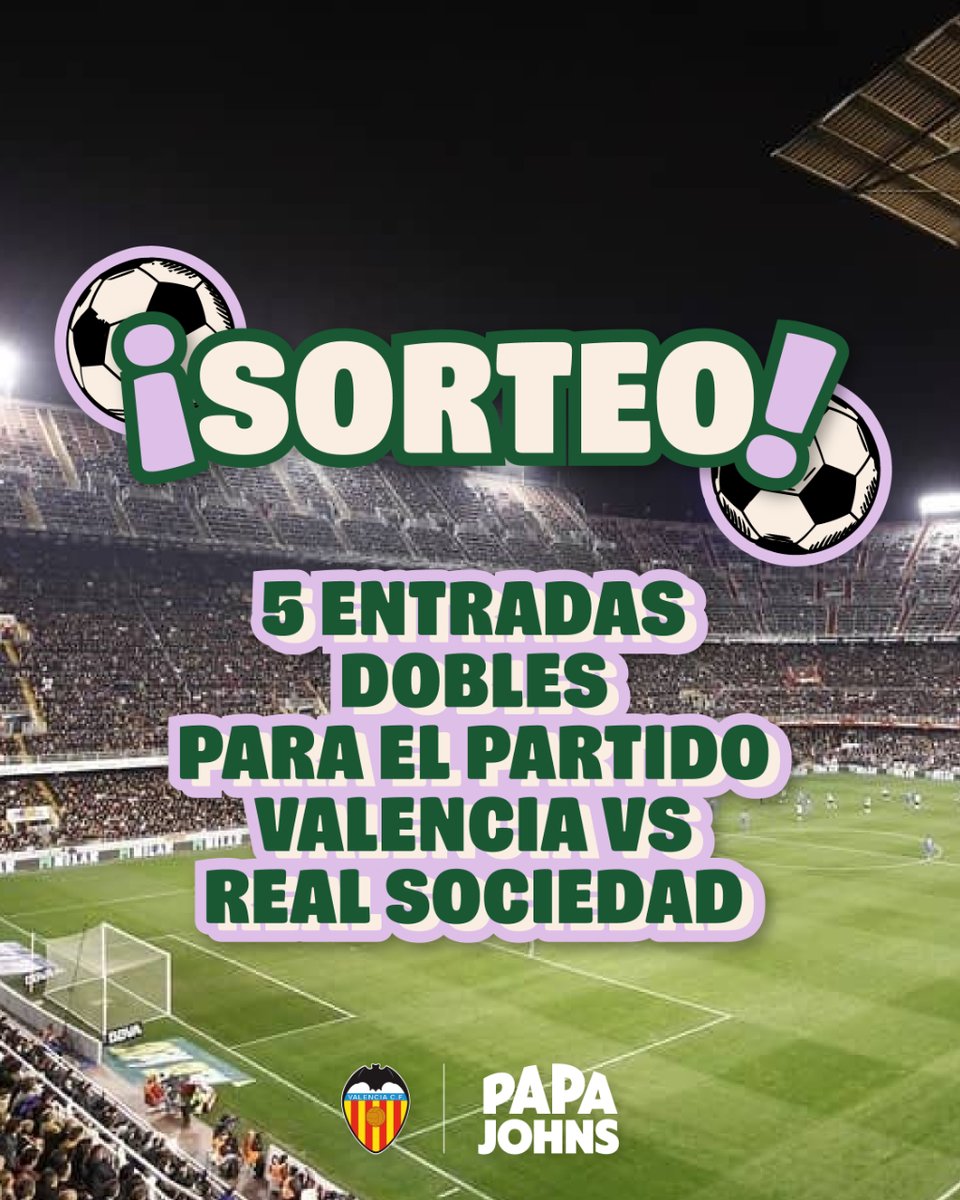 ¡Os traemos un PLANAZO REDONDO ⚽ para este miércoles! SORTEAZO DE 5 ENTRADAS DOBLES PARA EL PARTIDO entre el <a href="/valenciacf/">Valencia CF</a> y Real Sociedad 🎟️ 

¿Cómo participar?
👤 Síguenos <a href="/PapaJohns_ES/">Papa Johns Pizza ES</a> 
🔁 Haz RT 
💬 Menciona en los coments a tu compi más futbolerx