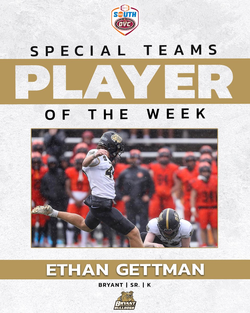 OVCBigSouthFB's tweet photo. He hit a 3⃣8⃣-yard FG to force overtime before connecting on the game winner from 3⃣7⃣ yards out in OT!

@BryantUFootball's @GettmanEthan is the #BigSouthOVCFB Co-Special Teams Player of the Week! https://t.co/USJmdAgFsH