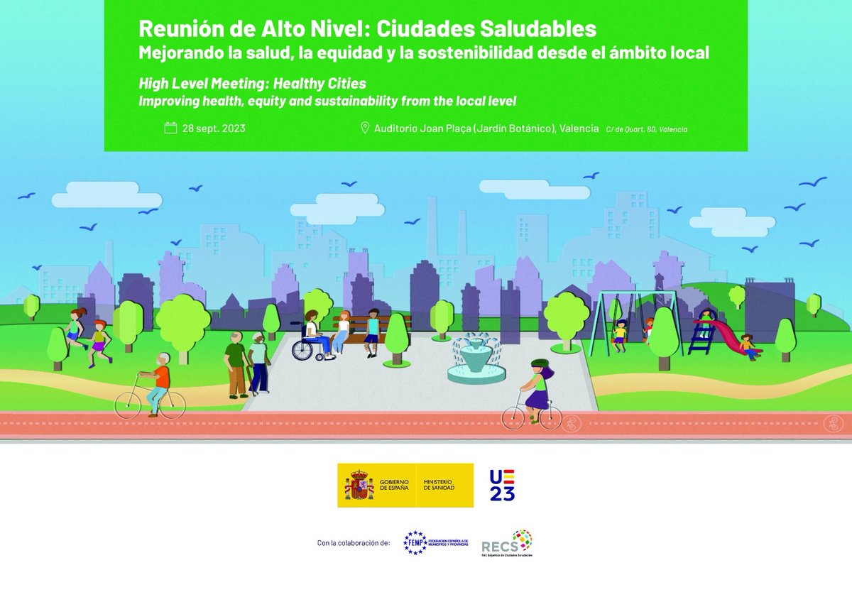 AnaGilLuc's tweet image. ¡Inscríbete! Reunión de Alto Nivel sobre Ciudades Saludables en Valencia, 27-28 sept, en el marco de la #EU2023ES

El entorno local como pieza clave en la salud: equidad, participación, sostenibilidad, movilidad activa...

¡Plazas limitadas! Inscríbete 👉🏼 sanidad.gob.es/areas/promocio…