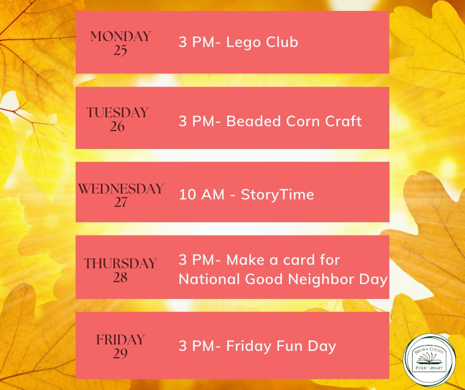 Check out what's going on this week at the library! 
September 25 - September 29

#libraryprograms #funatthelibrary