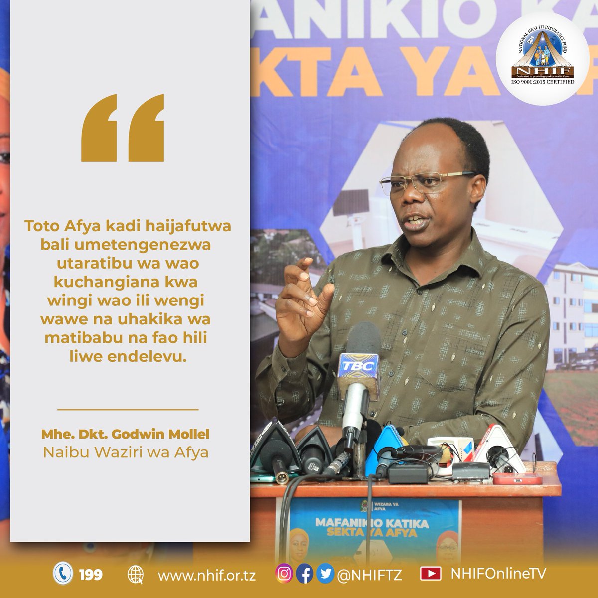 Naibu Waziri wa Afya Mhe. Godwin Mollel akizungumza kuhusu mafanikio ya Sekta ya Afya katika mkutano na vuombo vya habari. 
<a href="/wizara_afyatz/">Wizara ya Afya Tanzania 🇹🇿</a> <a href="/ummymwalimu/">Ummy Mwalimu</a> <a href="/dr_mollel/">Dr Godwin .O.Mollel</a> <a href="/TZMsemajiMkuu/">Msemaji Mkuu wa Serikali</a> <a href="/maelezonews/">Maelezo News</a> 
#bima #bimakwawatoto #bimayaafyakwawote #nhif