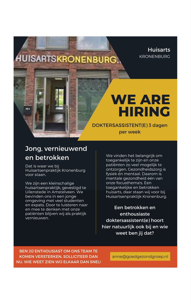PremiumRecruitm's tweet photo. Huisartsenpraktijk Kronenburg in Amstelveen zoekt per direct een DOKTERSASSISTENT(E) voor 24 uur p/w.

Solliciteren?
https://t.co/4PHPaMPSoj

#vacature #hiring #doktersassistent  #doktersassistente #huisartsenpraktijk #premiumrecruitment #amstelveen #amsterdam #goedgezondgroep https://t.co/Qu99OozF25