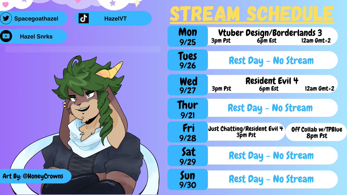 hazelgatchaa's tweet photo. Starting off with our spooky month game early! More Vtuber workshop/Bl3 to start the week! and then an off collab voiced reading of Adastra w/ @TrashPandaBluey to end the week!
#ENVtuber #VTuberUprising #Packrats https://t.co/slGKjdd7io