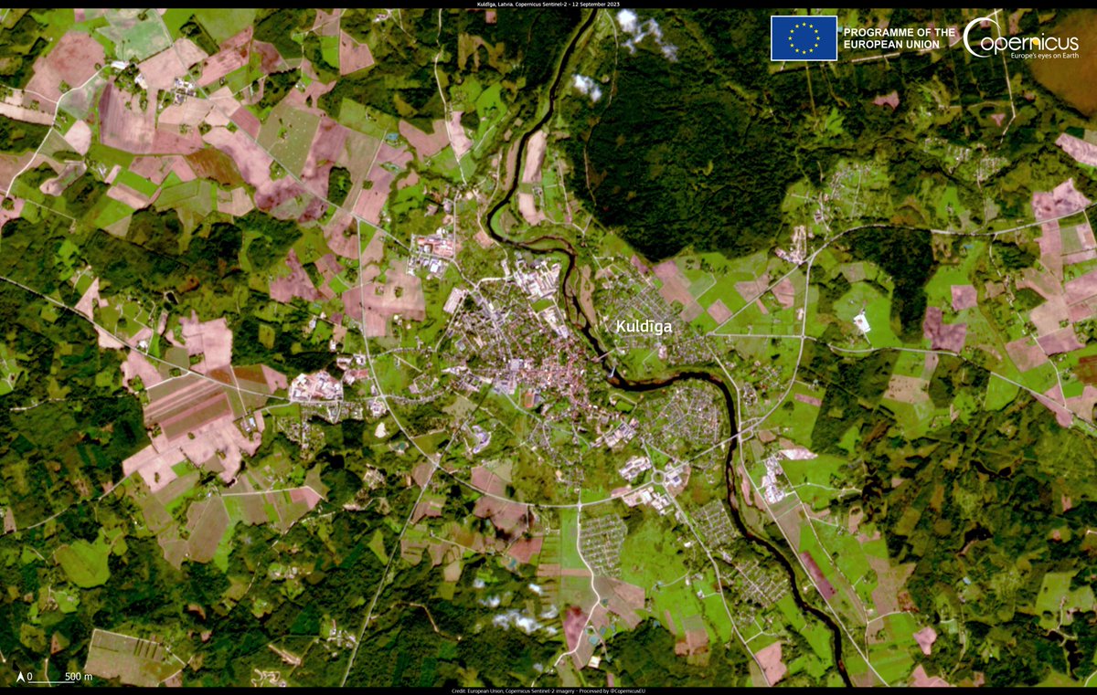 CopernicusEU's tweet photo. #ImageOfTheDay

@UNESCO has recently added 40 new World Heritage Sites to its list of protected areas

Among them is #Kuldīga (#Latvia 🇱🇻), renowned for the Venta Rapid waterfall (the widest in Europe) and its charming old town 🌆

⬇️#Sentinel2 🇪🇺🛰️ image on 12 September https://t.co/SKAQhP13d7