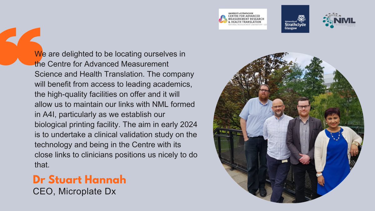 NML_ChemBioGC's tweet photo. Exciting news! @MicroplateDx, a newly formed spinout company from @UniStrathclyde focused on personalising #antibiotic prescribing, will be moving into the Centre for Advanced Measurement Science and Health Translation, a co-initiative between @UniStrathclyde and NML. https://t.co/4f4cdpbwCC