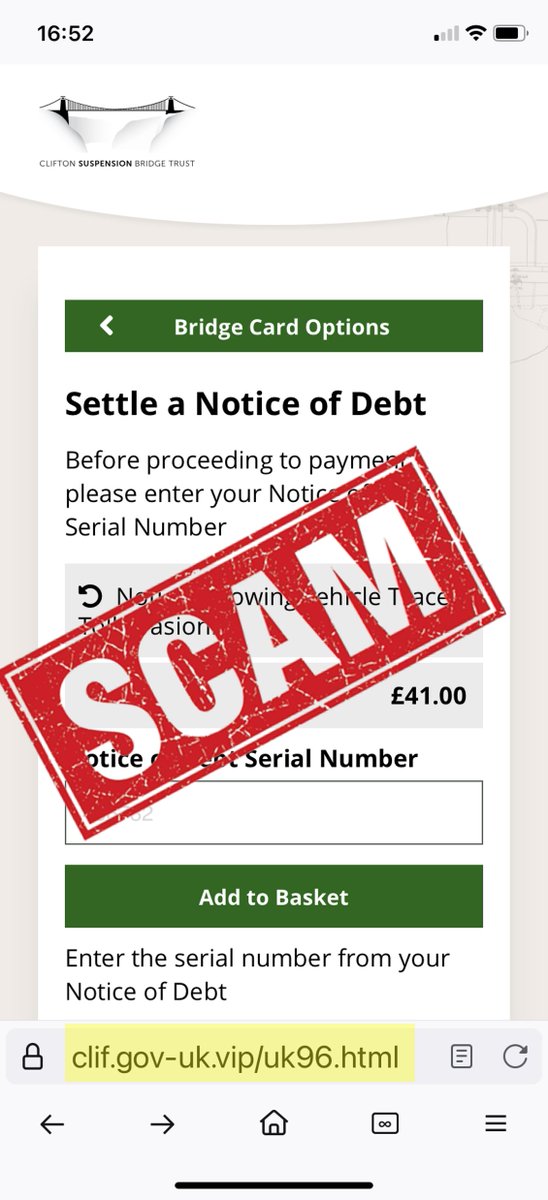 SCAM ALERT! We have been made aware of a scam text message claiming to come from Clifton Suspension Bridge that says money is owed for unpaid charges. The message asks for £41 and uses a web address with gov.uk in it