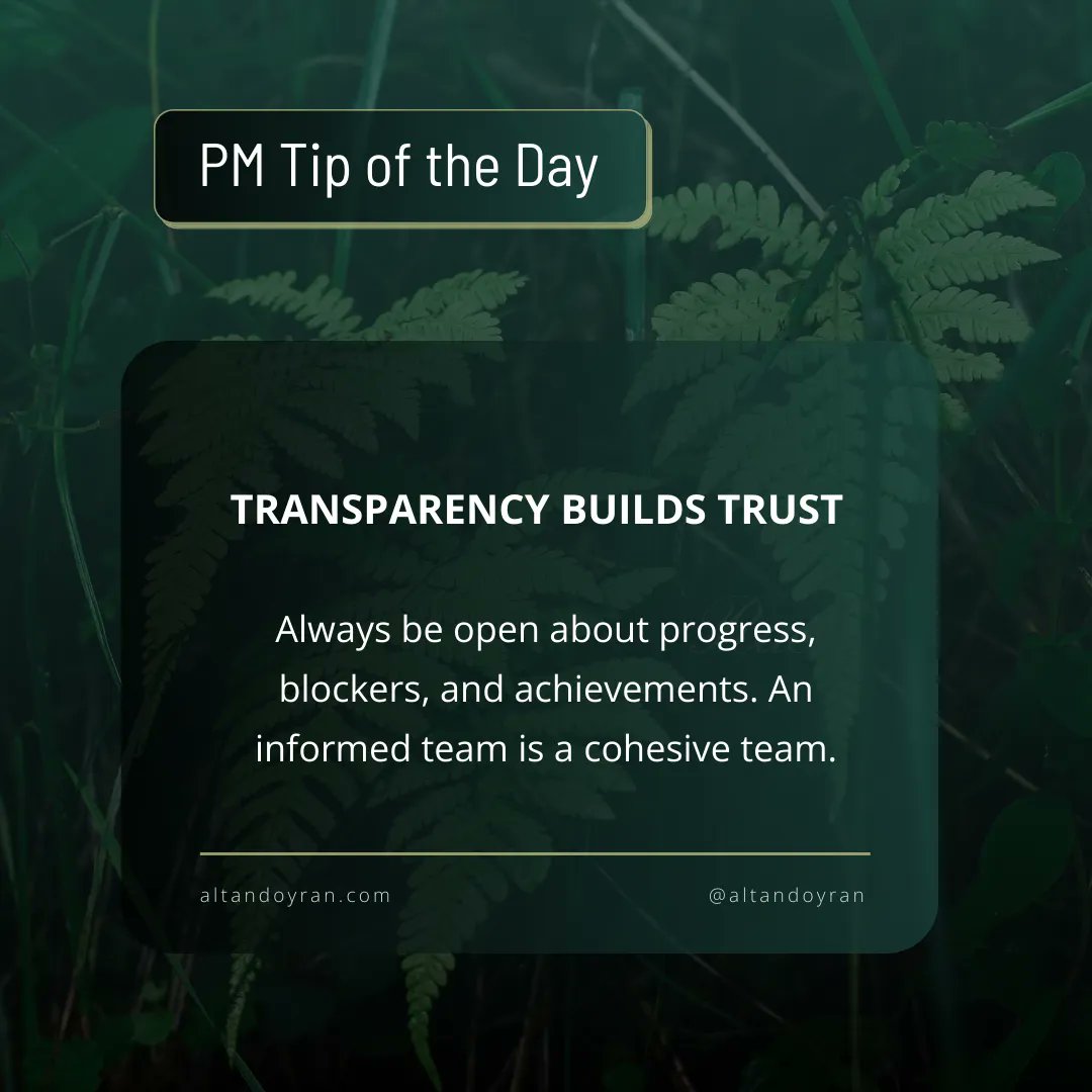 AltanDoyran's tweet image. 📣 Product Tip of the Day 📣
Transparency Builds Trust
👉Always be open about progress, blockers, and achievements. An informed team is a cohesive team.
#AgileBestPractices #ScrumMasterTips #AgileInsights #ProjectManagement #LeanThinking #ContinuousImprovement
