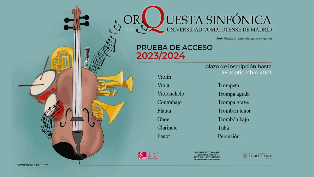 Cultura Complutense (@culturacomplu) on Twitter photo Si eres de los que lo dejas todo para el último minuto, hoy termina el plazo para poder inscribirte para hacer las pruebas de acceso para la Orquesta Sinfónica de la <a href="/unicomplutense/">Complutense</a>
ℹ️ ucm.es/cultura/convoc…
#músicaUCM #soyculturaucm #Orquesta #pruebas Si eres de los que lo dejas todo para el último minuto, hoy termina el plazo para poder inscribirte para hacer las pruebas de acceso para la Orquesta Sinfónica de la <a href="/unicomplutense/">Complutense</a>
ℹ️ ucm.es/cultura/convoc…
#músicaUCM #soyculturaucm #Orquesta #pruebas
