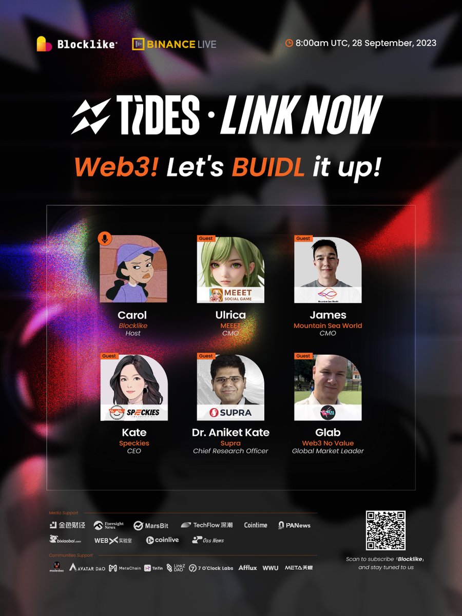 blocklikenet's tweet photo. 📢Blocklike #linkNow Coming!
🎙️Web3! Let's #BUIDL it up!
⏰ 8:00 AM UTC, Sep 28
📺 https://t.co/WLihQbe4c2
Guests🫡
@MEEETOfficial @MountainSea2022 @speckies_xyz @SupraOracles @Web3NoValue
Stay tuned and join us👀
🔗Click to share more than 300 #USDT 🎁
https://t.co/1EGzQ58LqF https://t.co/QtBrYpDrXG