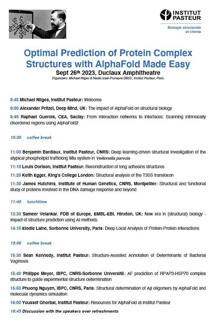 Optimal Prediction of Protein Complex Structures with AlphaFold Made Easy. 
A workshop organised by <a href="/DBSC_IP/">Structural Biology-Chemistry at Institut Pasteur</a> Sept 26th <a href="/institutpasteur/">Institut Pasteur, since 1887</a> research.pasteur.fr/fr/event/dbsc-…
The programme is fantasticwith pleanry lectures and short talks👇. Very much looking forward to this event.