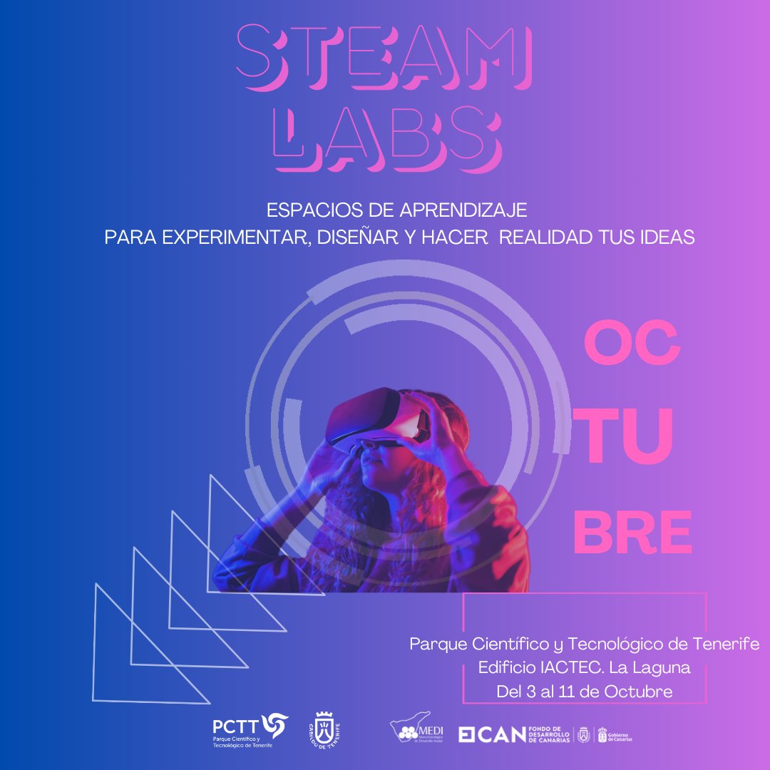 PCTTenerife's tweet photo. ¡Llega #STEAMLABS!
Un programa para que jóvenes de edades comprendidas entre 6 y 17 años, se sorprendan con el mundo de la tecnología y su aplicación en situaciones reales.
Temática: Realidad Virtual, Videojuegos y animación.
¡Inscríbete!⬇️
https://t.co/lfwhuonT8R https://t.co/hemgJ23rRG
