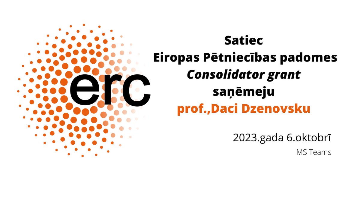 2023.gada 6⃣.oktobrī Nacionālais kontaktpunkts aicina uz tiešsaistes sarunu ar Eiropas Pētniecības padomes Consolidator grant ieguvēju profesori 𝐃𝐚𝐜𝐢 𝐃𝐳𝐞𝐧𝐨𝐯𝐬𝐤𝐮.

#ERC #HorizonEU 
 
Aicinām reģistrēties līdz 6.oktobra pulksten 10:00 šeit: forms.gle/HvBNtcDk9Fbi2D…
