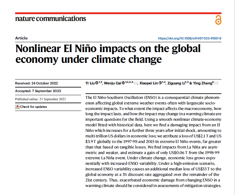 NatureComms's tweet photo. A recent study by Cai and colleagues find #EconomicDamage from El Niño far greater than benefits from La Niña on the global economy, leading to an increased economic loss as #ENSO variability intensifies under greenhouse warming. https://t.co/mjBeVdc0at https://t.co/TukFmhXqR5