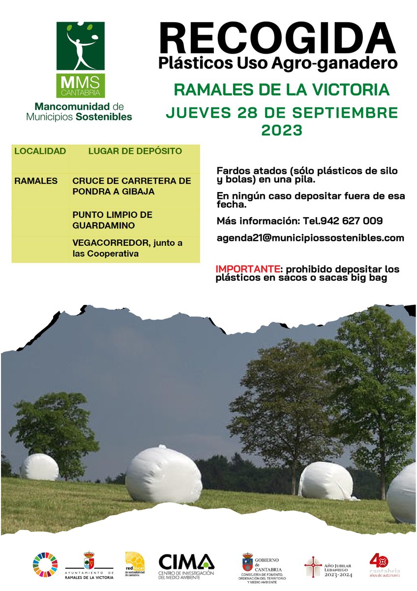 ♻️ Recogida Plásticos, Uso Agro-ganadero
Depositar en los lugares habilitados:
JUEVES, 28 de septiembre 2023.

📌 Se recuerda que la quema de residuos está prohibida, según la LEY 22/2011, de 28 de julio.
Organiza: <a href="/mmscantabria/">Mancomunidad de Municipios Sostenibles</a>

#RamalesdelaVictoria #Ramales #Sostenible #Recicla