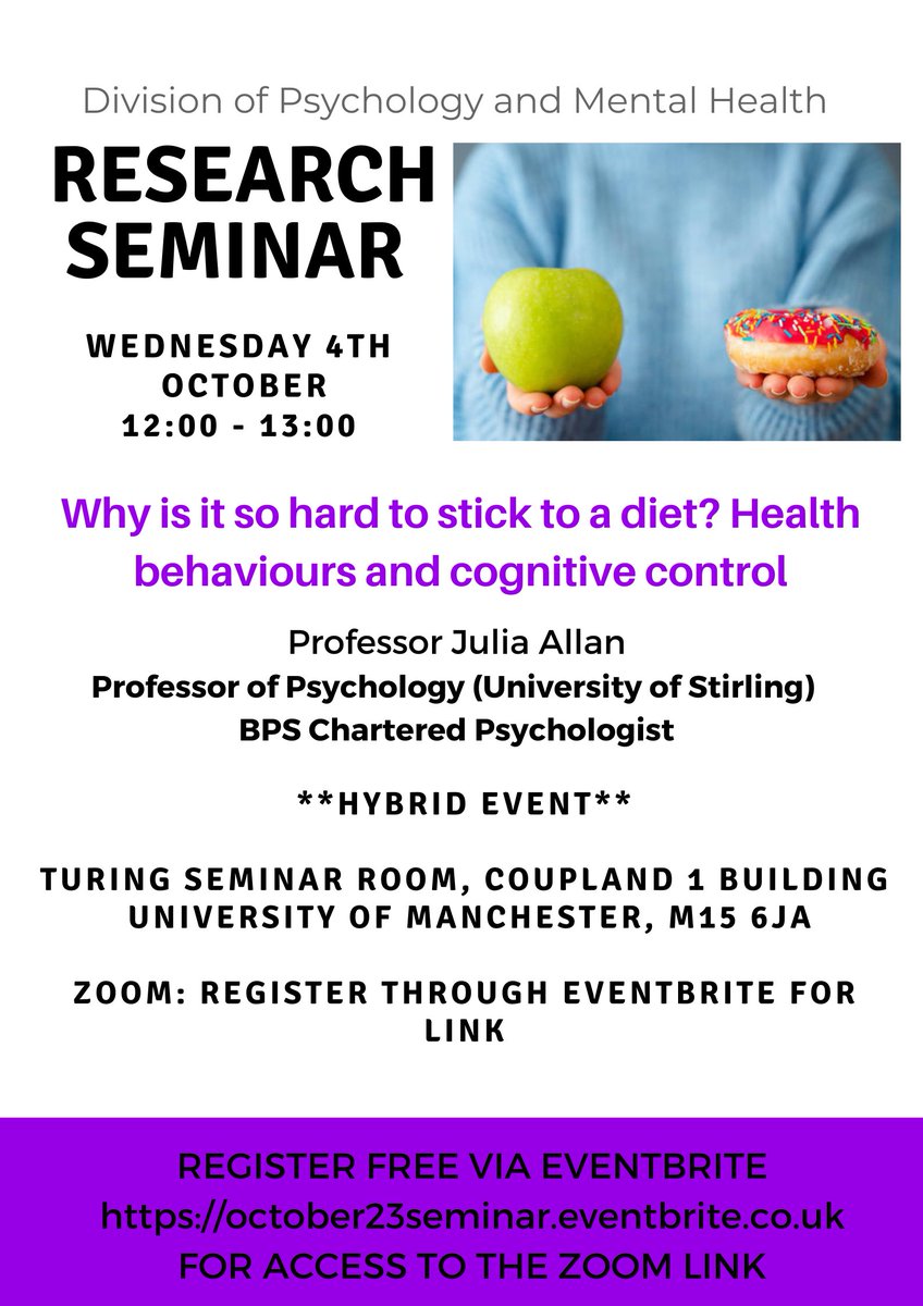 UoM_DPMHS's tweet photo. In October we are welcoming @JAllanHealthPsy, Prof of Psychology @StirUni @stirhealthpsych, who will be presenting on ‘Why is it so hard to stick to a diet? Health behaviours and cognitive control’ 
📆4th October
🕛12:00-13:00
https://t.co/O7Gjcqx1G7 https://t.co/ab3bBLZzy6