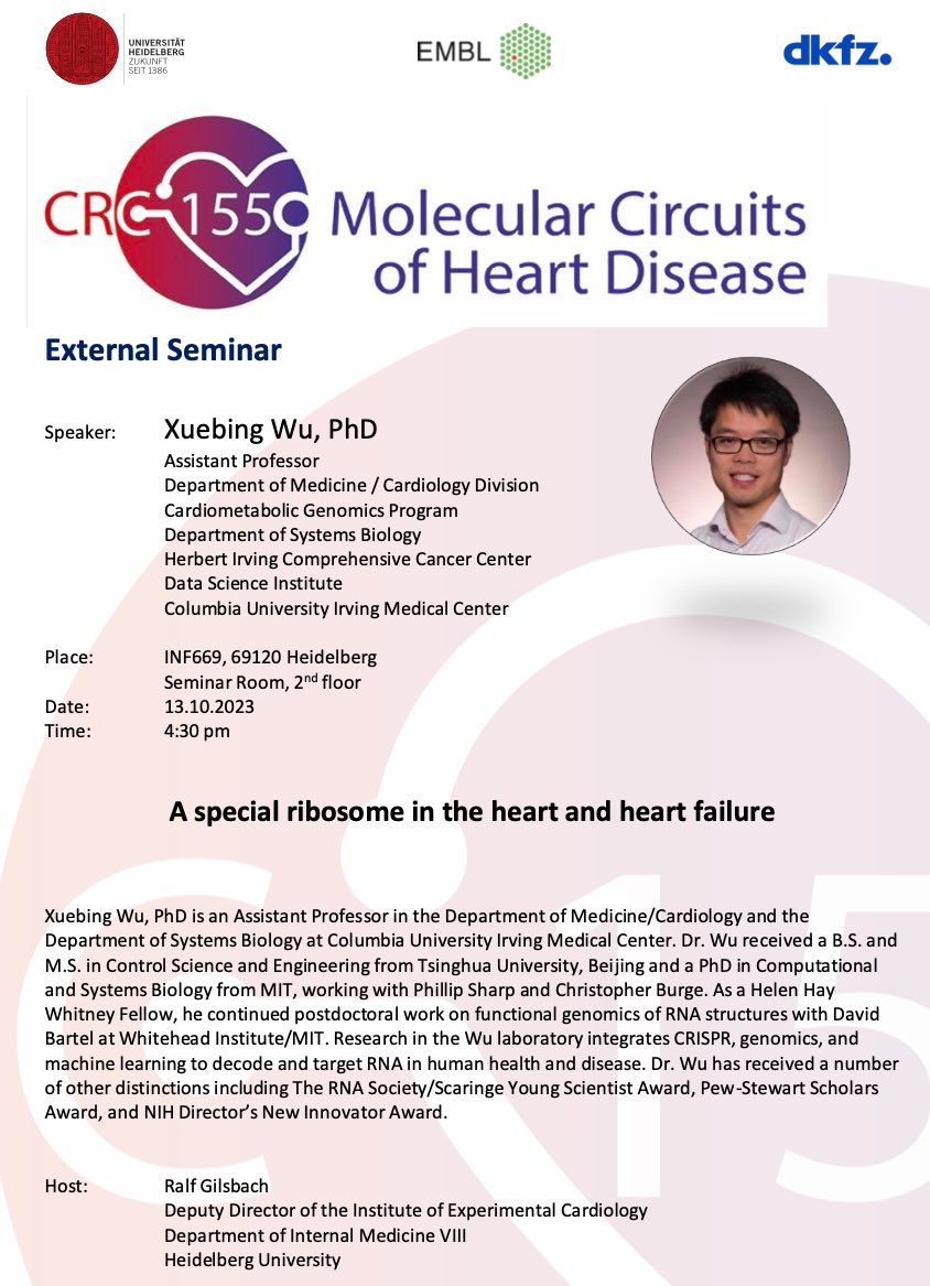 CRC1550 (@crc1550) on Twitter photo 📣 We are looking forward to the visit of <a href="/wu_xuebing/">Xuebing Wu</a> from <a href="/Columbia/">Columbia University</a> and his presentation about the ribosome in the heart on October, 13th at 4:30 pm INF669 <a href="/CRC1550/">CRC1550</a> 📣 We are looking forward to the visit of <a href="/wu_xuebing/">Xuebing Wu</a> from <a href="/Columbia/">Columbia University</a> and his presentation about the ribosome in the heart on October, 13th at 4:30 pm INF669 <a href="/CRC1550/">CRC1550</a>