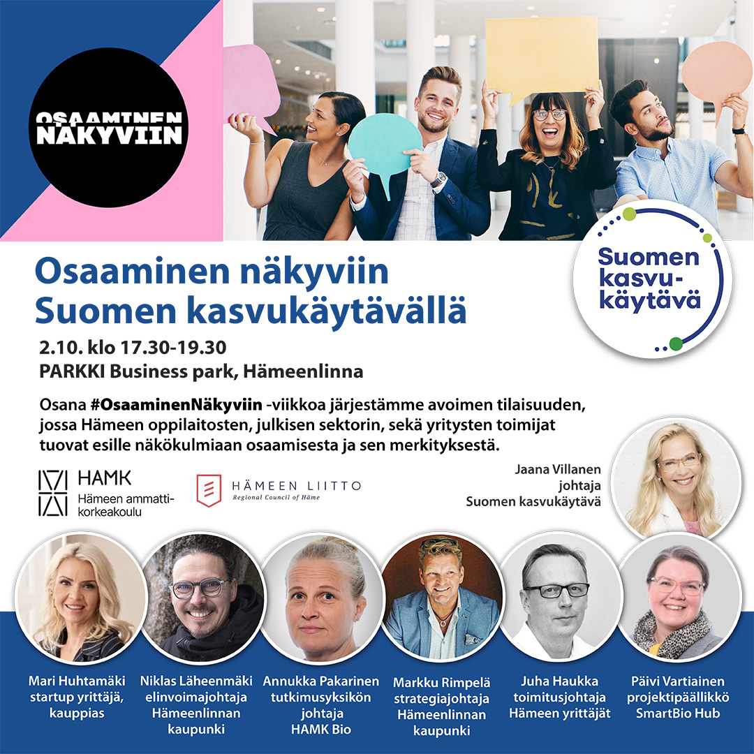 #OsaaminenNäkyviin -viikko lähestyy! Lämpimästi tervetuloa Suomen kasvukäytävän tilaisuuteen Hämeenlinnaan 2.10 klo 17:30 alkaen. Luvassa upea puhujakattaus, sekä ajankohtaista keskustelua osaamisen merkityksestä.

Lisätiedot & ilmoittautuminen👇 suomenkasvukaytava.fi/tapahtuma/osaa…