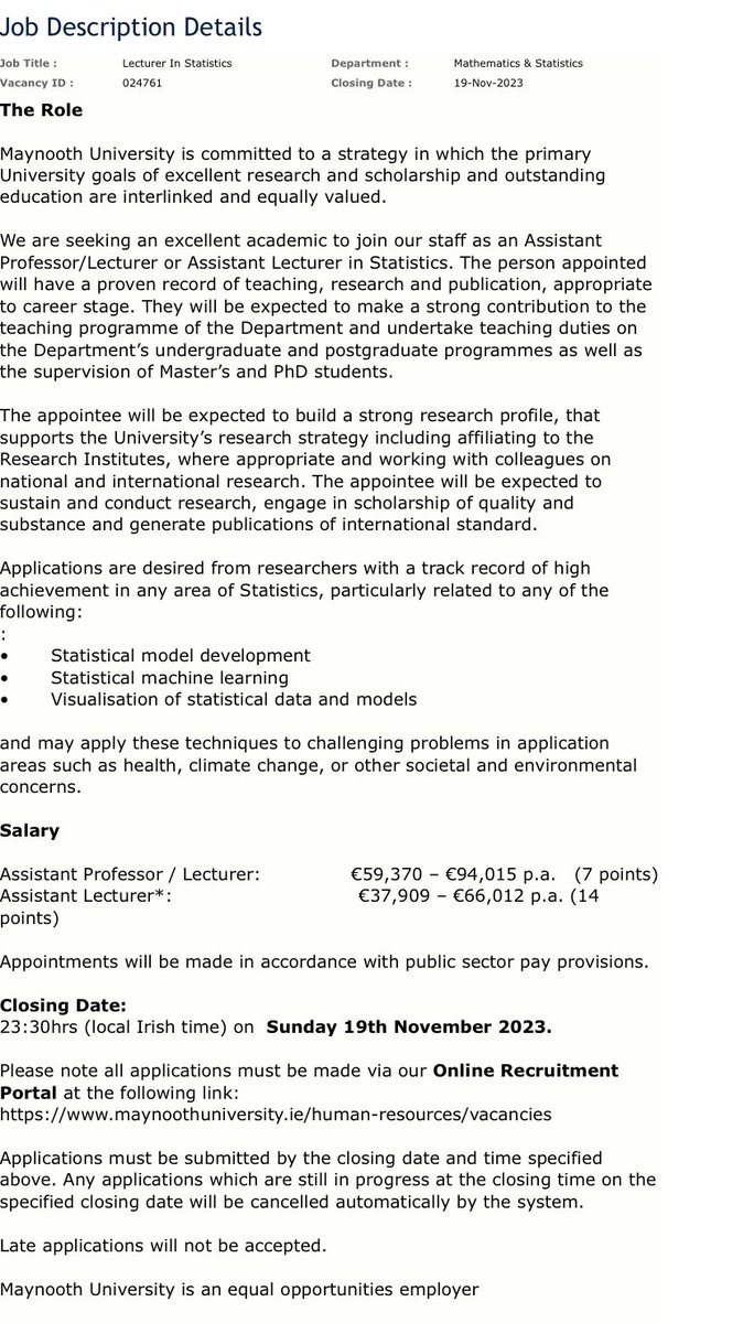 Maths & Stats (@mu_mathsstats) on Twitter photo We are hiring an Assistant Prof. or Assistant Lecturer in Statistics.
Applications can be made via maynoothuniversity.ie/human-resource…
Vacancy ID: 024761
Closing date: November 19th We are hiring an Assistant Prof. or Assistant Lecturer in Statistics.
Applications can be made via maynoothuniversity.ie/human-resource…
Vacancy ID: 024761
Closing date: November 19th