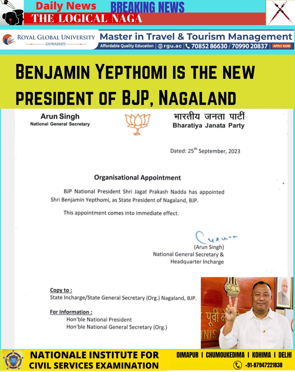 Benjamin Yepthomi is the new president of BJP Nagaland
<a href="/YepthomiBen/">Benjamin Yepthomi</a>