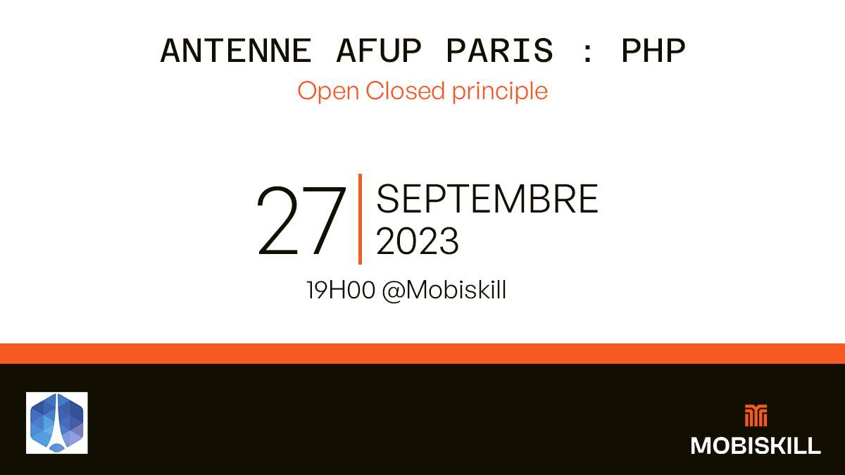 ALERTE #MEETUP !
Rdv chez Mobiskill pour le prochain meetup AFUP Paris : #PHP !
Au programme :
"Open/Closed principle : on a dit étendre pas extends !" par Thomas Dutrion
Pour plus d'infos et s'inscrire : meetup.com/fr-FR/afup-par…