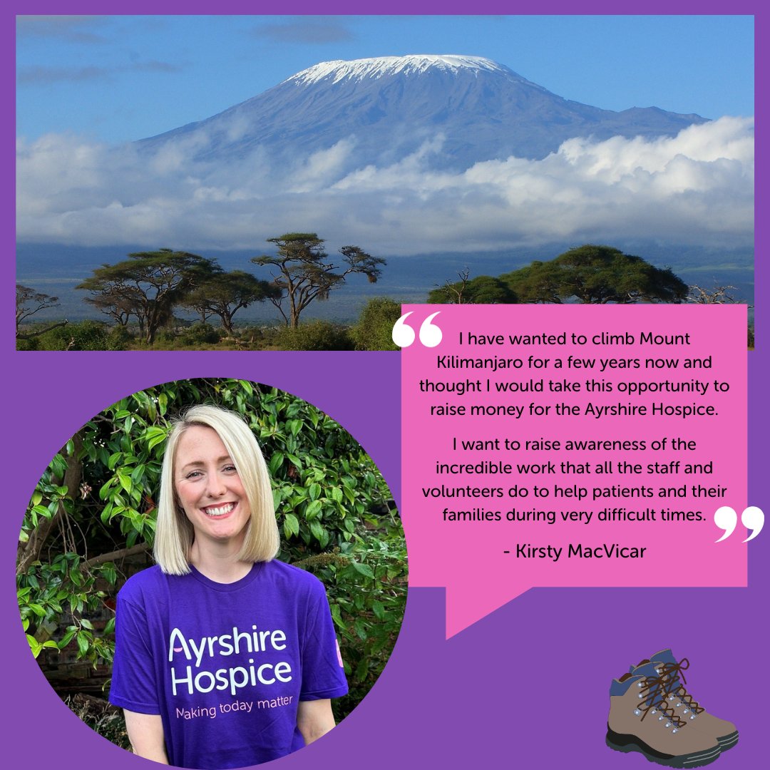 AyrshireHospice's tweet photo. Good Luck to Kirsty MacVicar who is about to embark on the challenge of a lifetime - heading to Tanzania to climb Mount Kilimanjaro!🏔️

A keen climber, Kirsty wanted to set herself a big goal in aid of the Hospice!💜

Support Kirsty👉https://t.co/48gnlIoWlV 

#makingtodaymatter https://t.co/eUoJbuh0N2