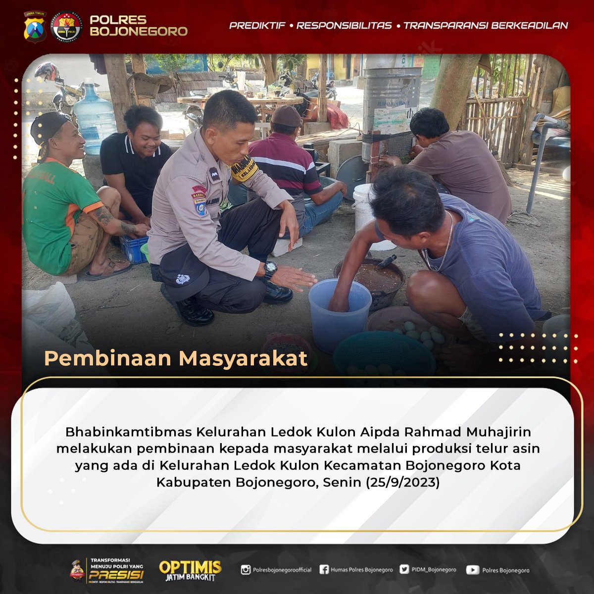 AliimronTurbo1's tweet photo. Bhabinkamtibmas Kelurahan Ledok Kulon Kecamatan Bojonegoro Kota Kabupaten Bojonegoro memberikan pembinaan kepada warga dalam mengolah telur hasil hasil ternak bebek, Senin (25/9/2023)

#kompetesibhabinkamtibmas
#kompetisibhabinkamtibmas
#kompetisibhabinkamtibmasbojonegoro https://t.co/yGpJxfdyVk