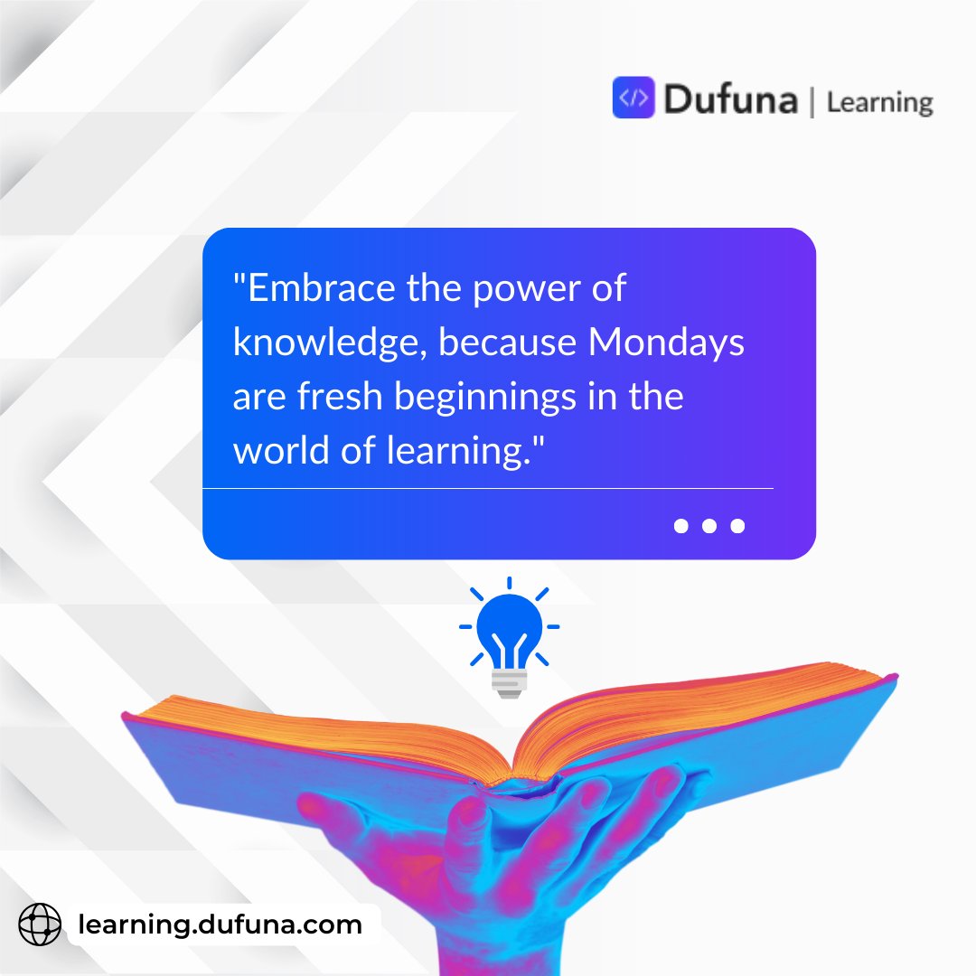 DufunaTech's tweet photo. Happy New Week! ๐ Let's kick-start it with a thirst for knowledge and a dash of curiosity. ๐๐ก
Are you looking to get into tech or add a new tech skill? Visit https://t.co/oPedfUg60G today to sign up for one of our courses.
#MondayMotivation #newweeknewknowledge #edtech #dufunamondays