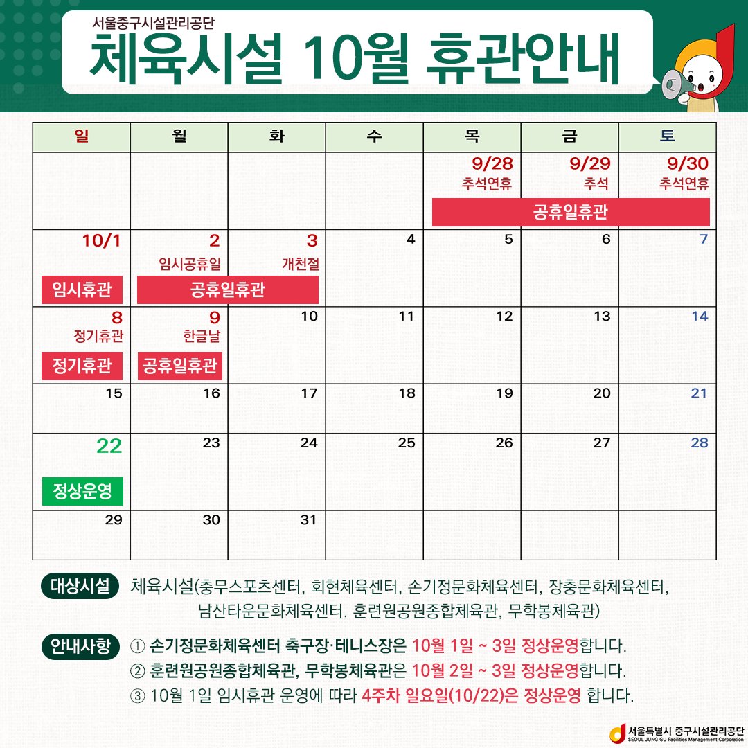 e_junggu's tweet image. 📣10월 체육시설 휴관 및 운영 안내! 추석연휴기간을 포함한 공단 체육시설 “10월 휴관일정”을 안내드립니다! 카드뉴스를 통해 자세한 내용을 확인해주시기 기타 궁금한 문의사항은 각 시설 안내데스크에 문의바랍니다.
#추석연휴 #체육시설 #체육센터 #휴관
#10월휴관 #정기휴관 #개천절휴관
