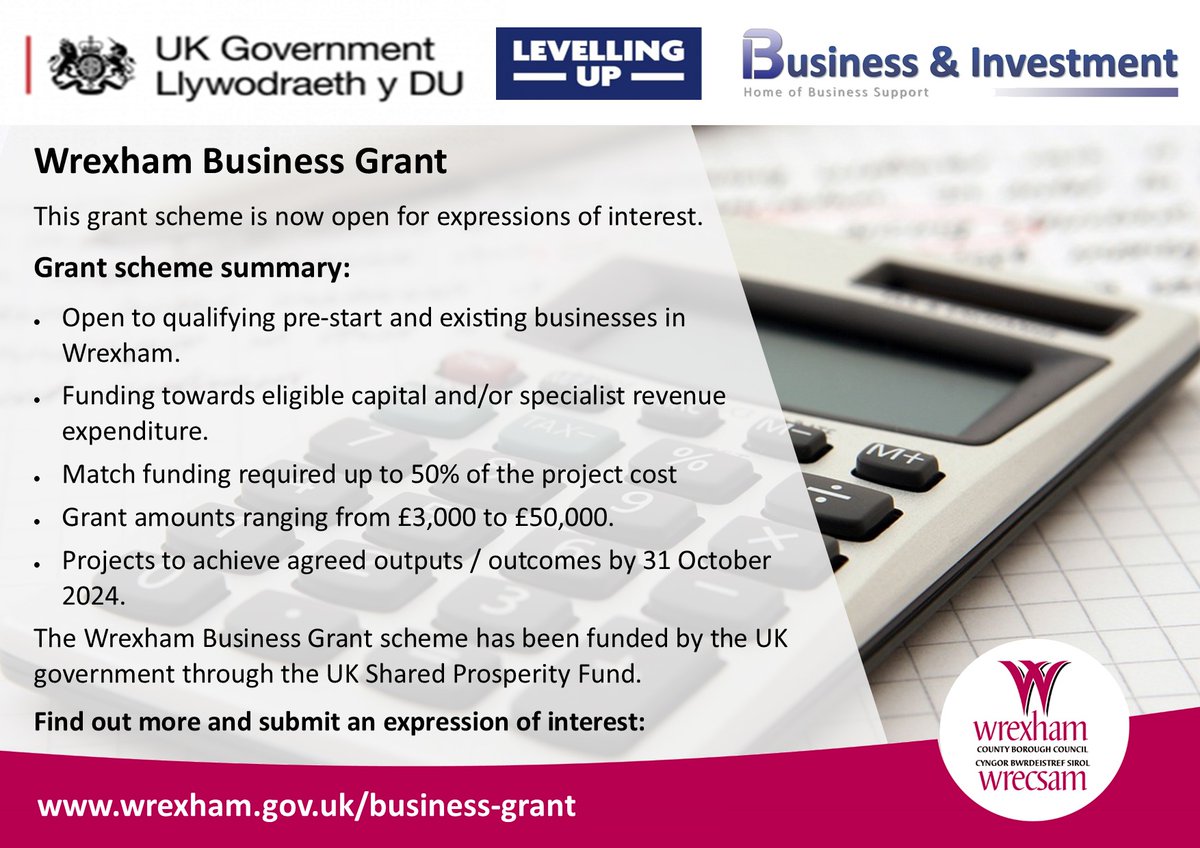 Important news: We in the Business and Investment Team are very excited to announce the launch of the Shared Prosperity Fund – Wrexham Business Grant. Please see the attached link for further information: wrexham.gov.uk/business-grant