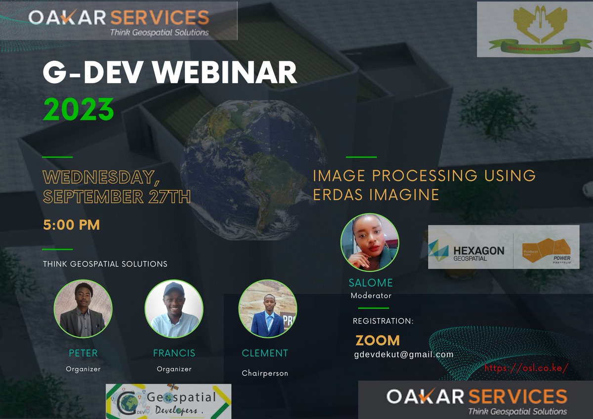 📣 Exciting News, @GeospatialDev_  @DeKUTkenya 
Don't miss this golden opportunity to boost your image processing skills using ERDAS @OakarServices This Wednesday from 5 - 5:30pm
👩‍💼 Presenter: Salome from @OakarServices
#ERDAS #ImageProcessing #LearningOpportunity